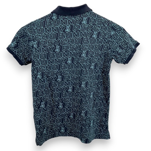 Psycho Bunny Boys All Over Logo Print Polo Shirt Navy Blue Size 14-16 Large - Picture 3 of 6